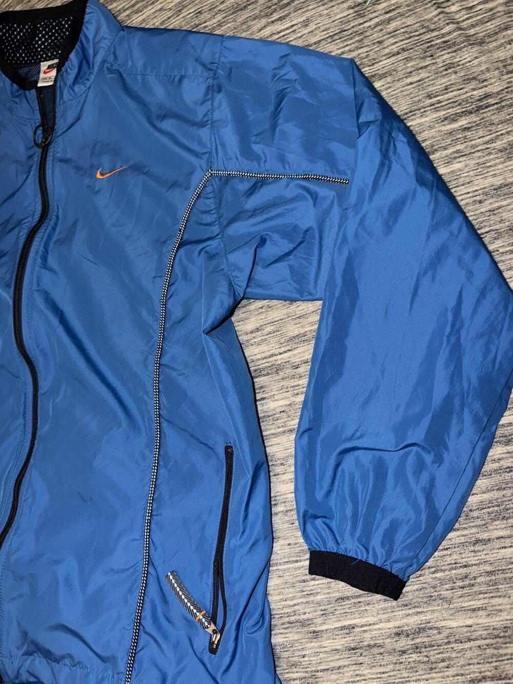Vintage 90s Nike Windbreaker Jacket Blue Orange logo Piping Full Zip medium